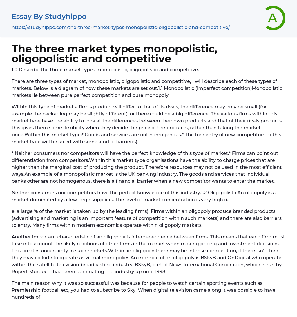 The three market types monopolistic, oligopolistic and competitive Essay Example