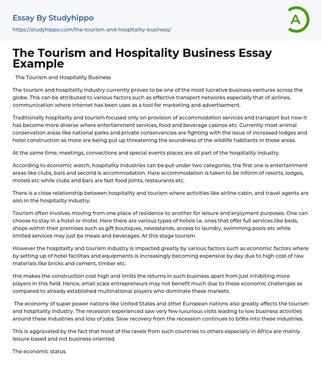 The Tourism and Hospitality Business Essay Example