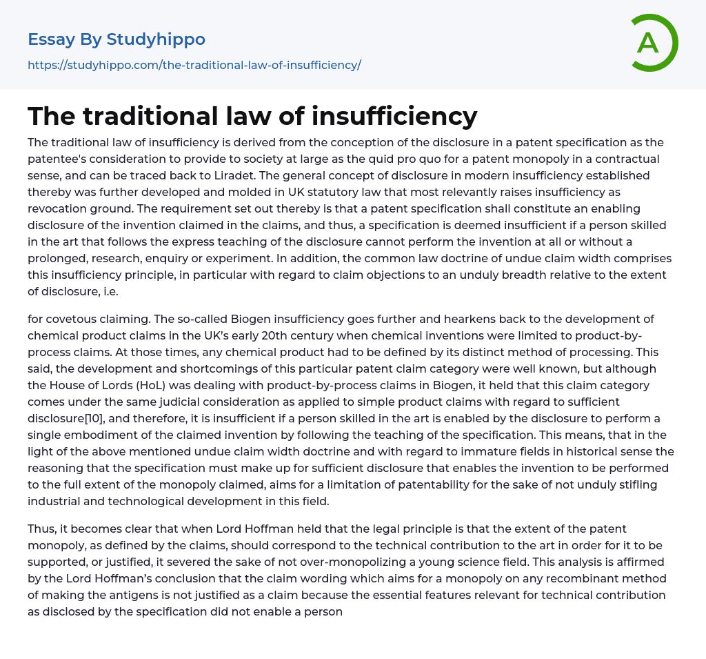 The traditional law of insufficiency Essay Example