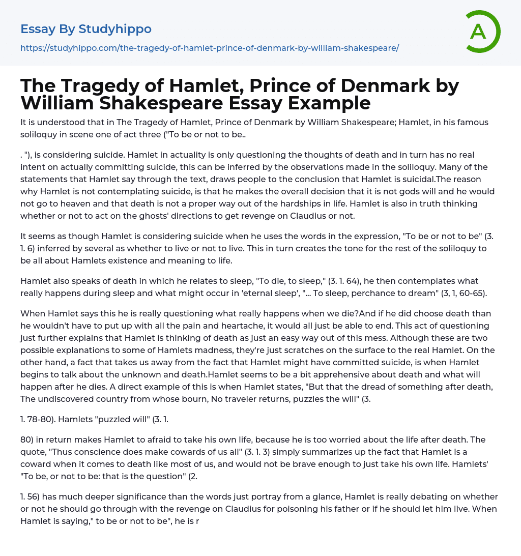 The Tragedy of Hamlet, Prince of Denmark by William Shakespeare Essay Example
