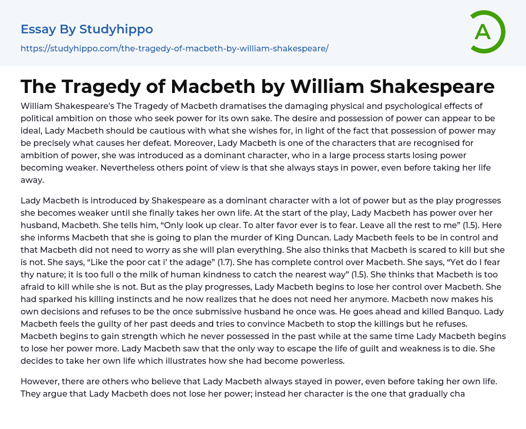 The Tragedy of Macbeth by William Shakespeare Essay Example