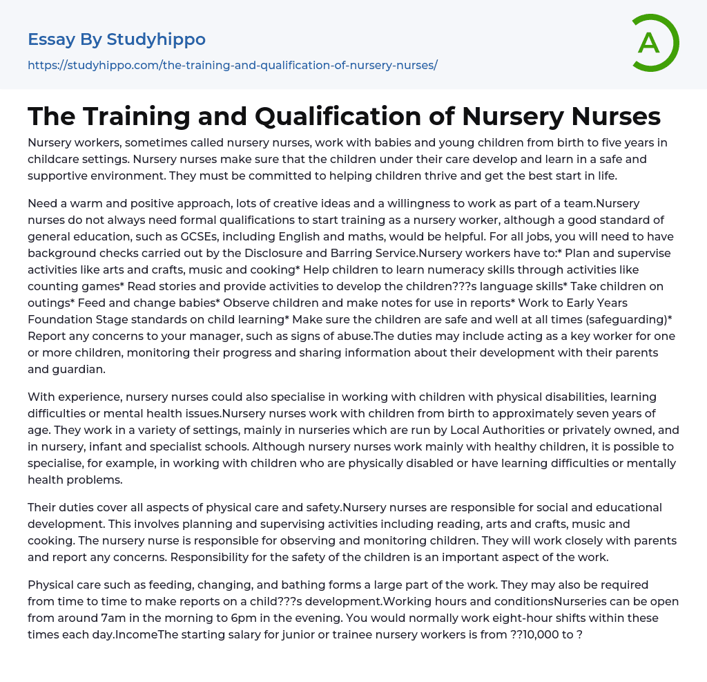 The Training and Qualification of Nursery Nurses Essay Example