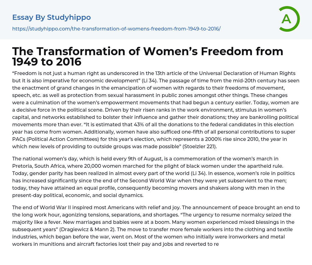The Transformation of Women’s Freedom from 1949 to 2016 Essay Example