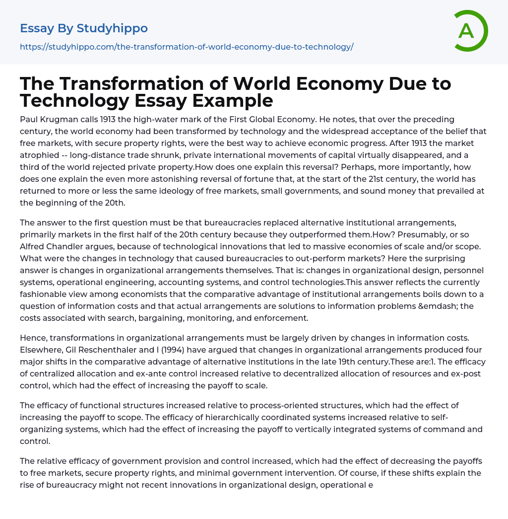 The Transformation of World Economy Due to Technology Essay Example