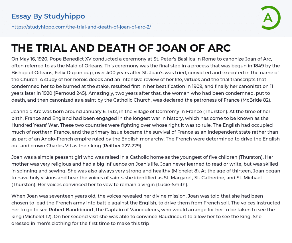 THE TRIAL AND DEATH OF JOAN OF ARC Essay Example