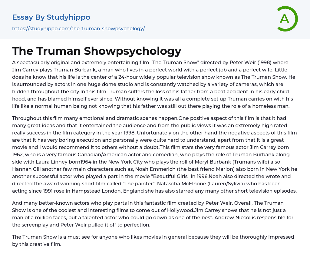 The Truman Showpsychology Essay Example