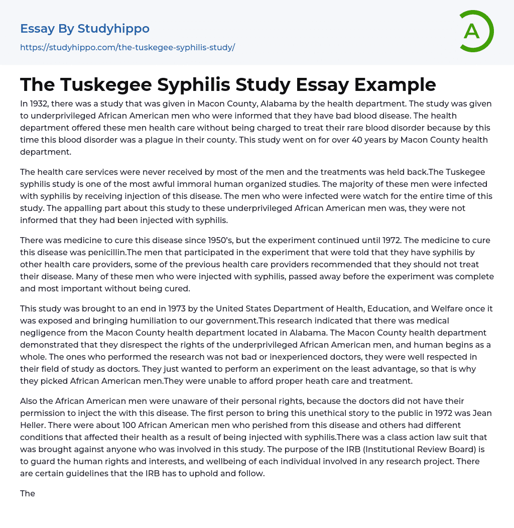 The Tuskegee Syphilis Study Essay Example