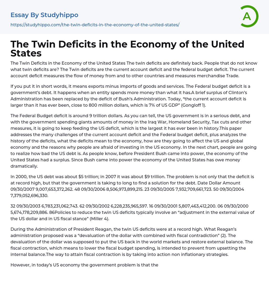 The Twin Deficits in the Economy of the United States Essay Example