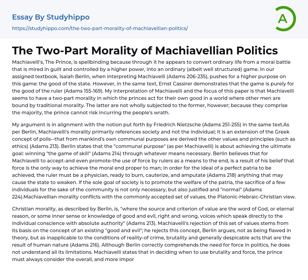 The Two-Part Morality of Machiavellian Politics Essay Example