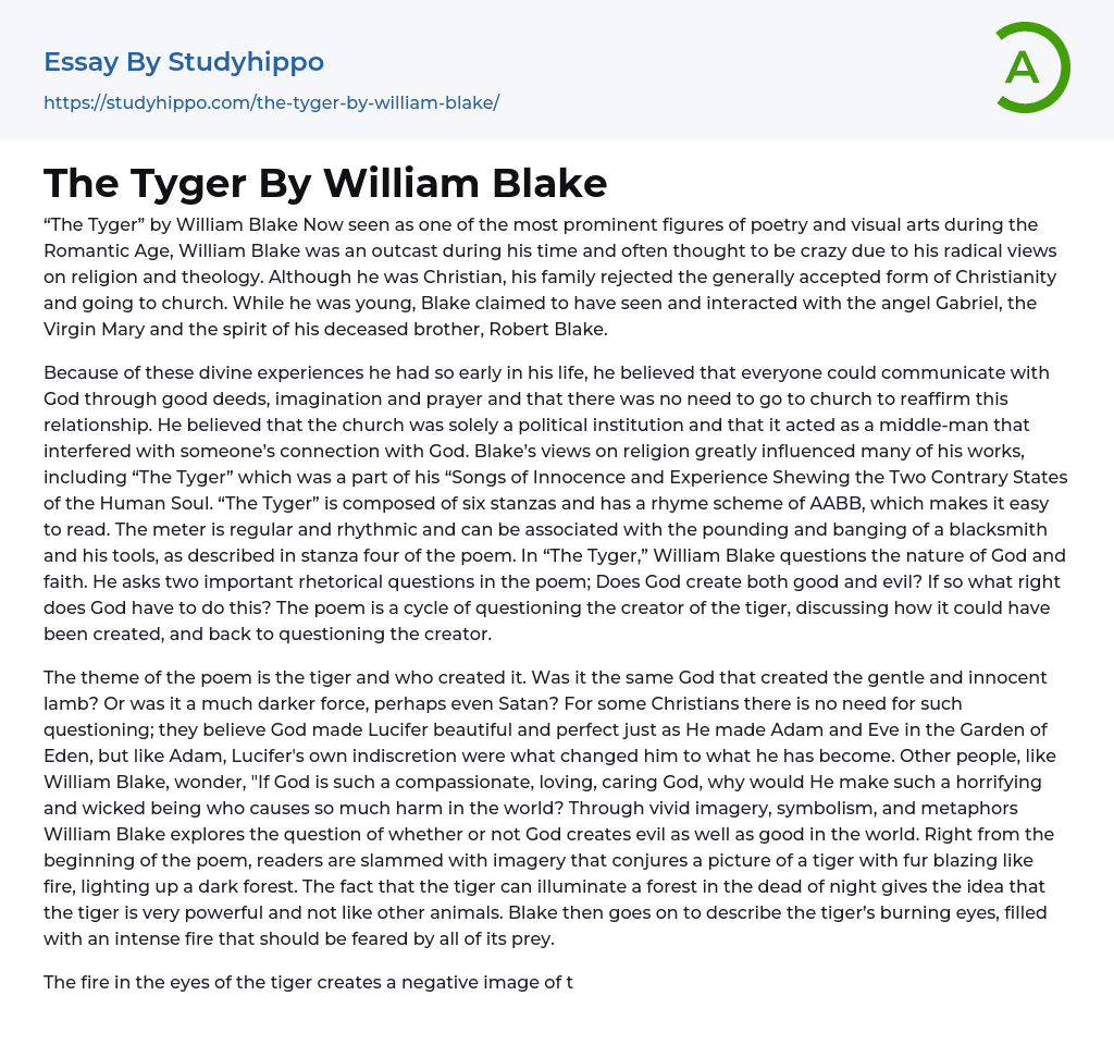 The Tyger By William Blake Essay Example