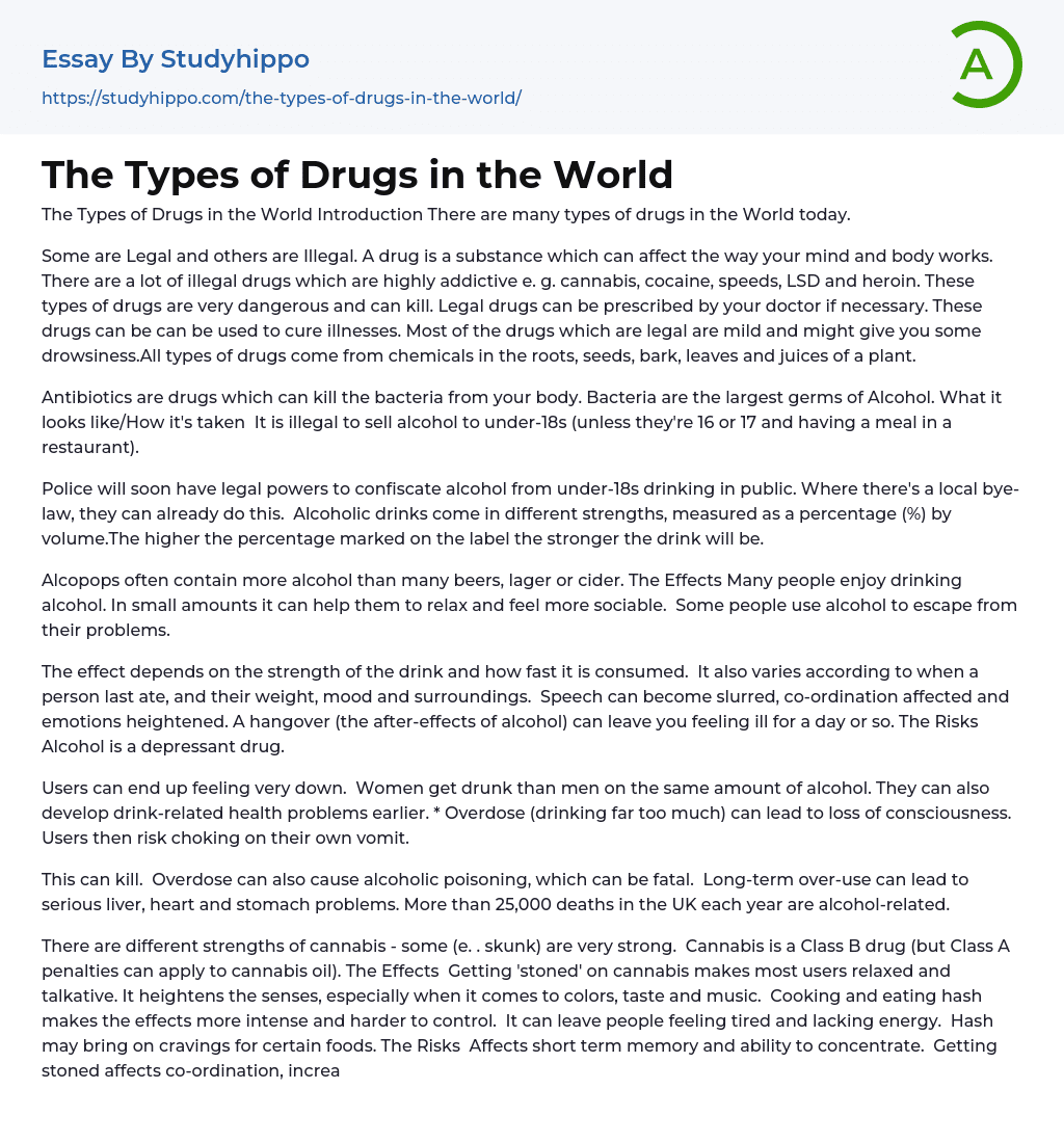 The Types of Drugs in the World Essay Example