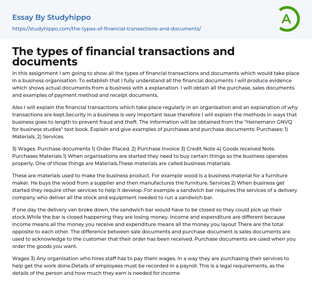 The types of financial transactions and documents Essay Example