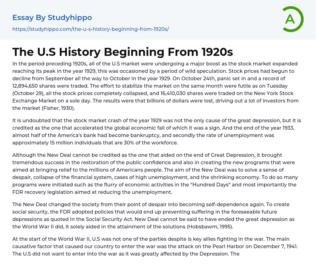 The U.S History Beginning From 1920s Essay Example