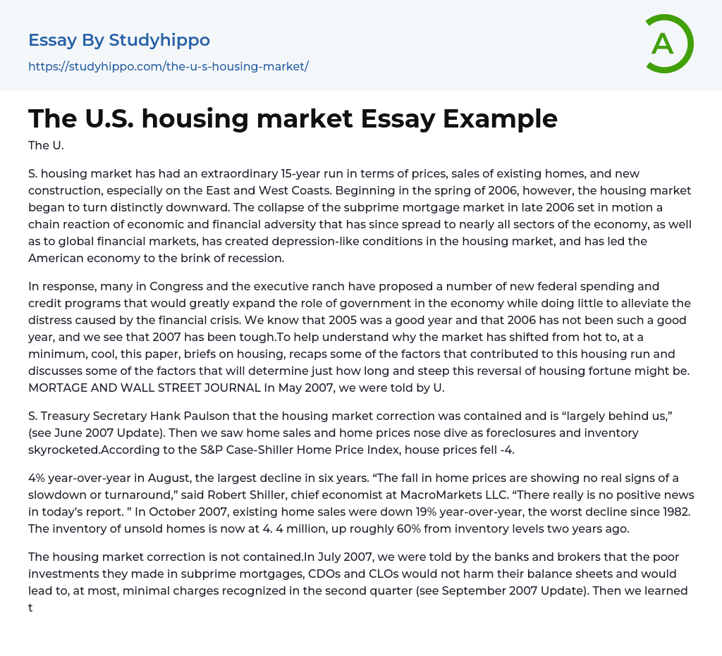 The U.S. housing market Essay Example