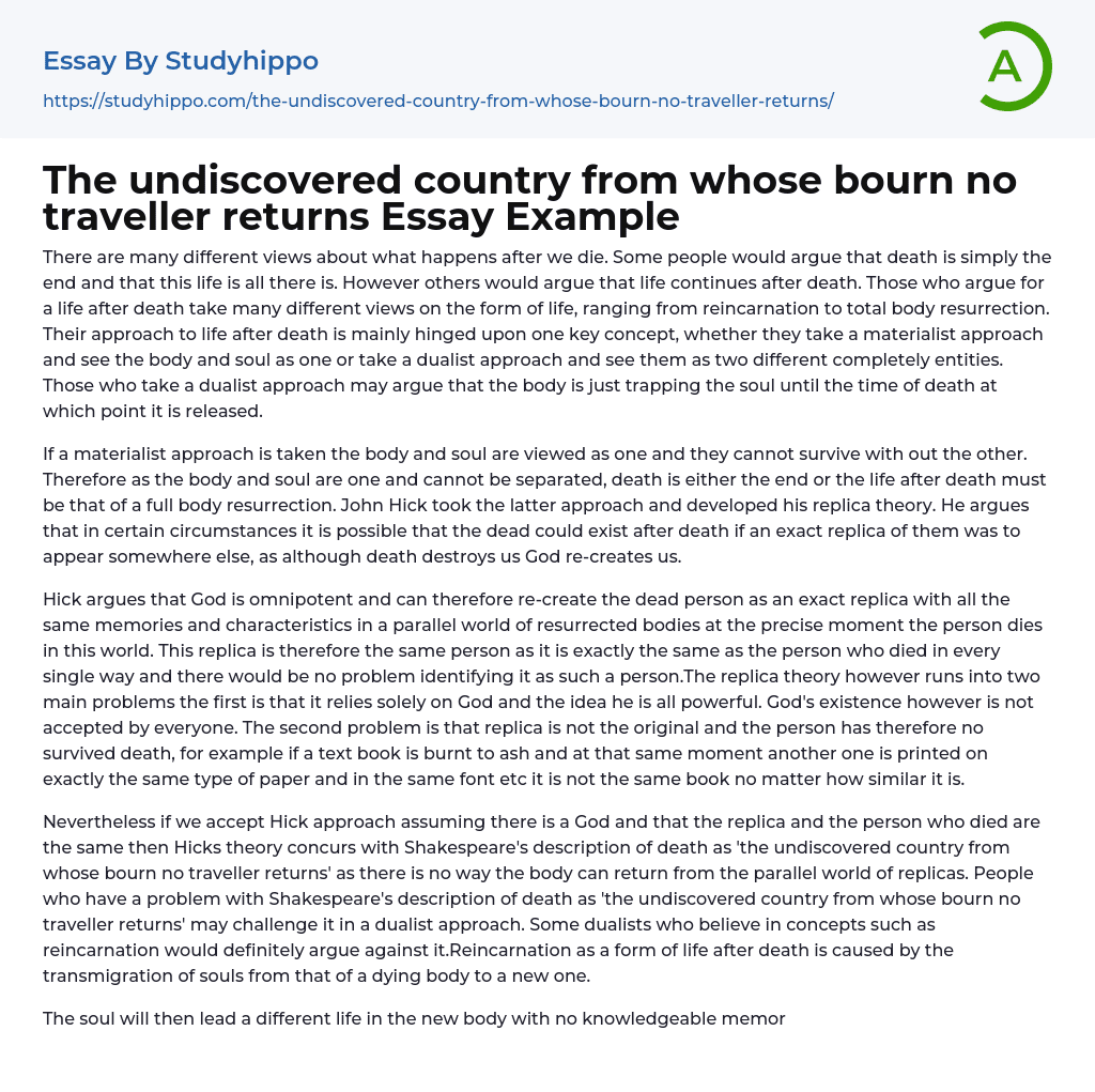 The undiscovered country from whose bourn no traveller returns Essay Example