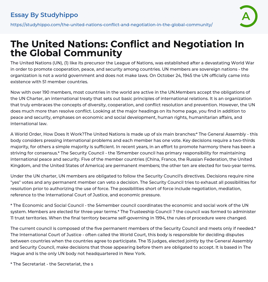 The United Nations: Conflict and Negotiation In the Global Community Essay Example
