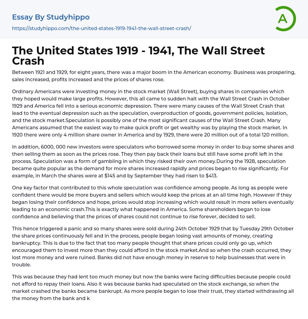 The United States 1919 – 1941, The Wall Street Crash Essay Example