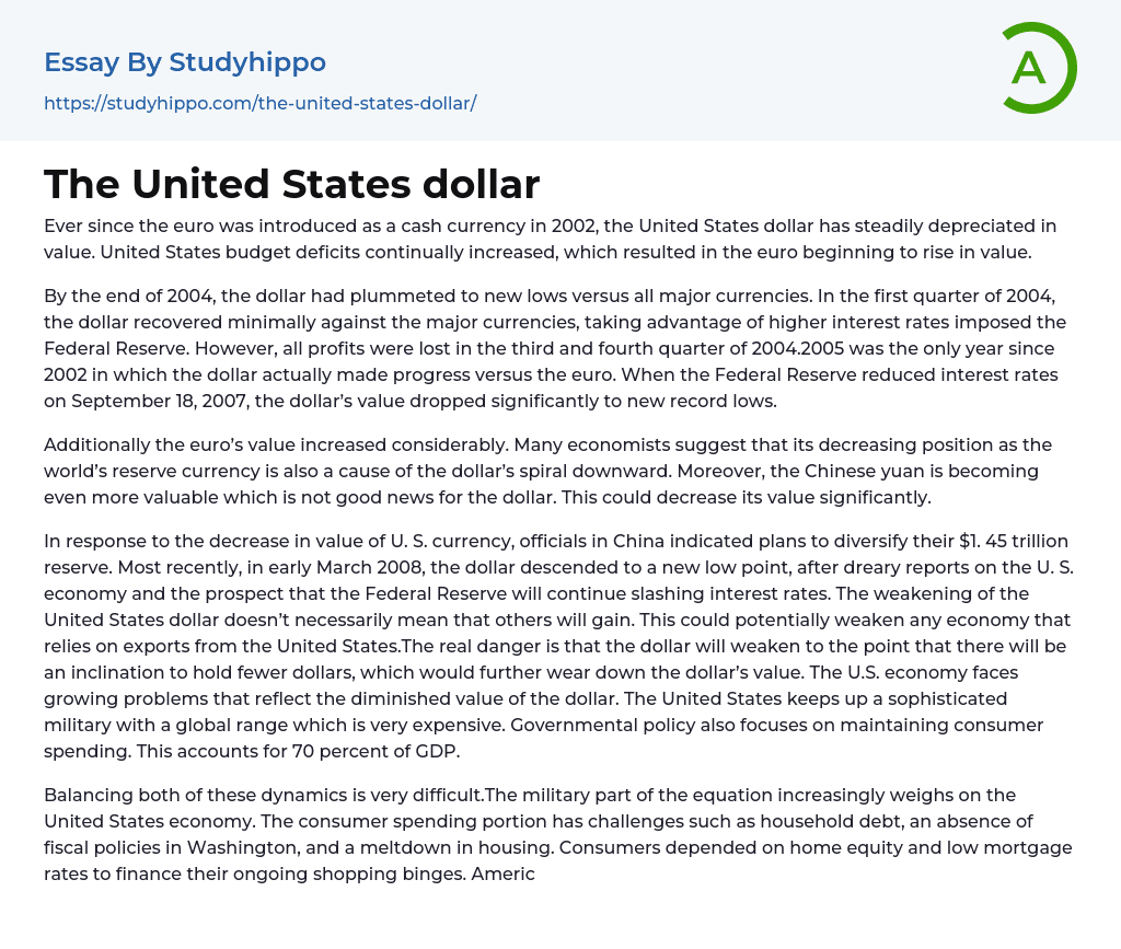 The United States dollar Essay Example
