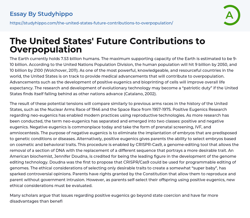The United States’ Future Contributions to Overpopulation Essay Example