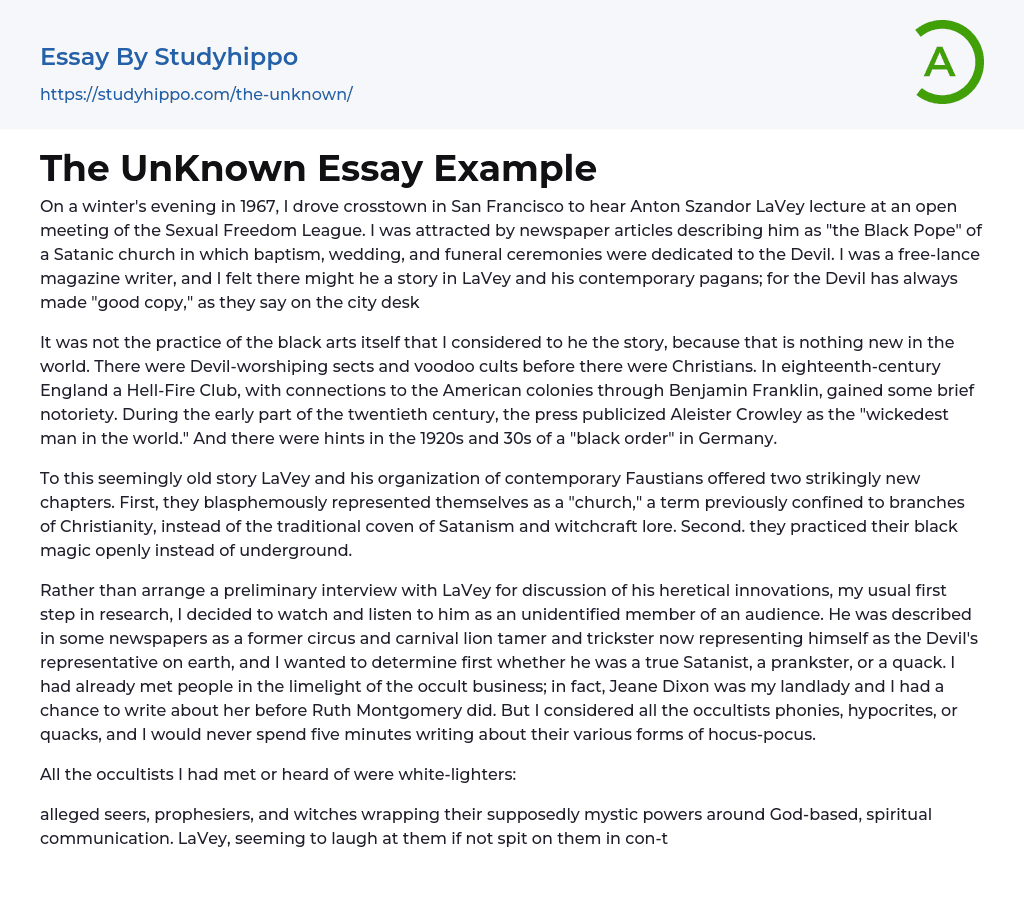 The UnKnown Essay Example