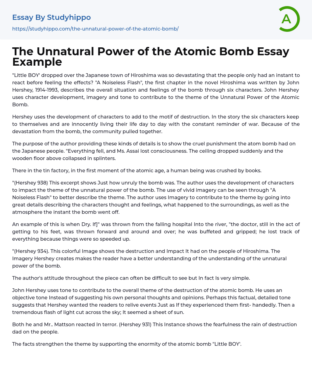 The Unnatural Power of the Atomic Bomb Essay Example