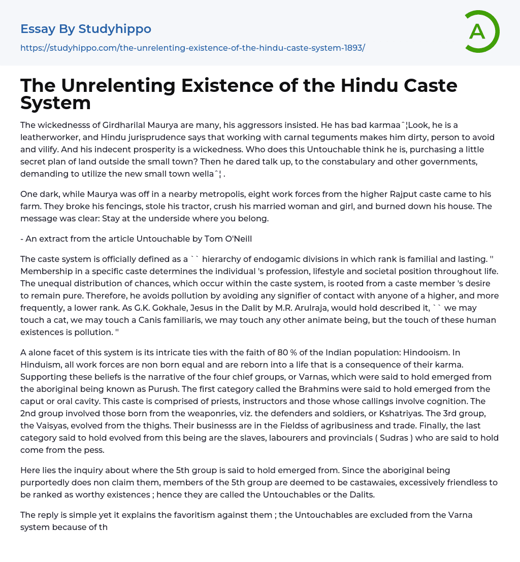 The Unrelenting Existence of the Hindu Caste System Essay Example