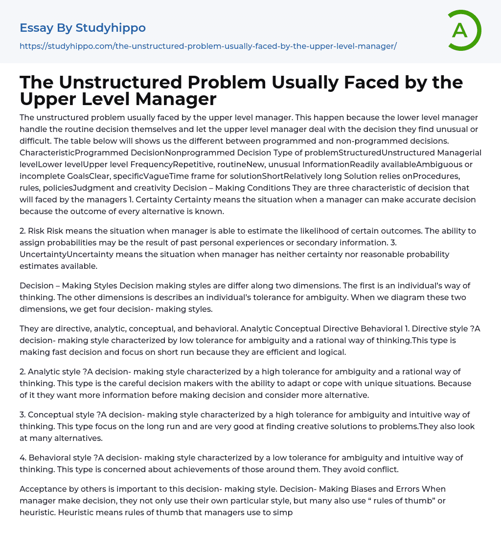The Unstructured Problem Usually Faced by the Upper Level Manager Essay Example
