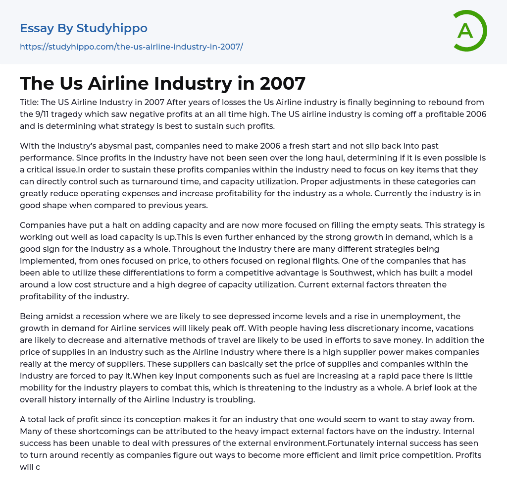 The Us Airline Industry in 2007 Essay Example