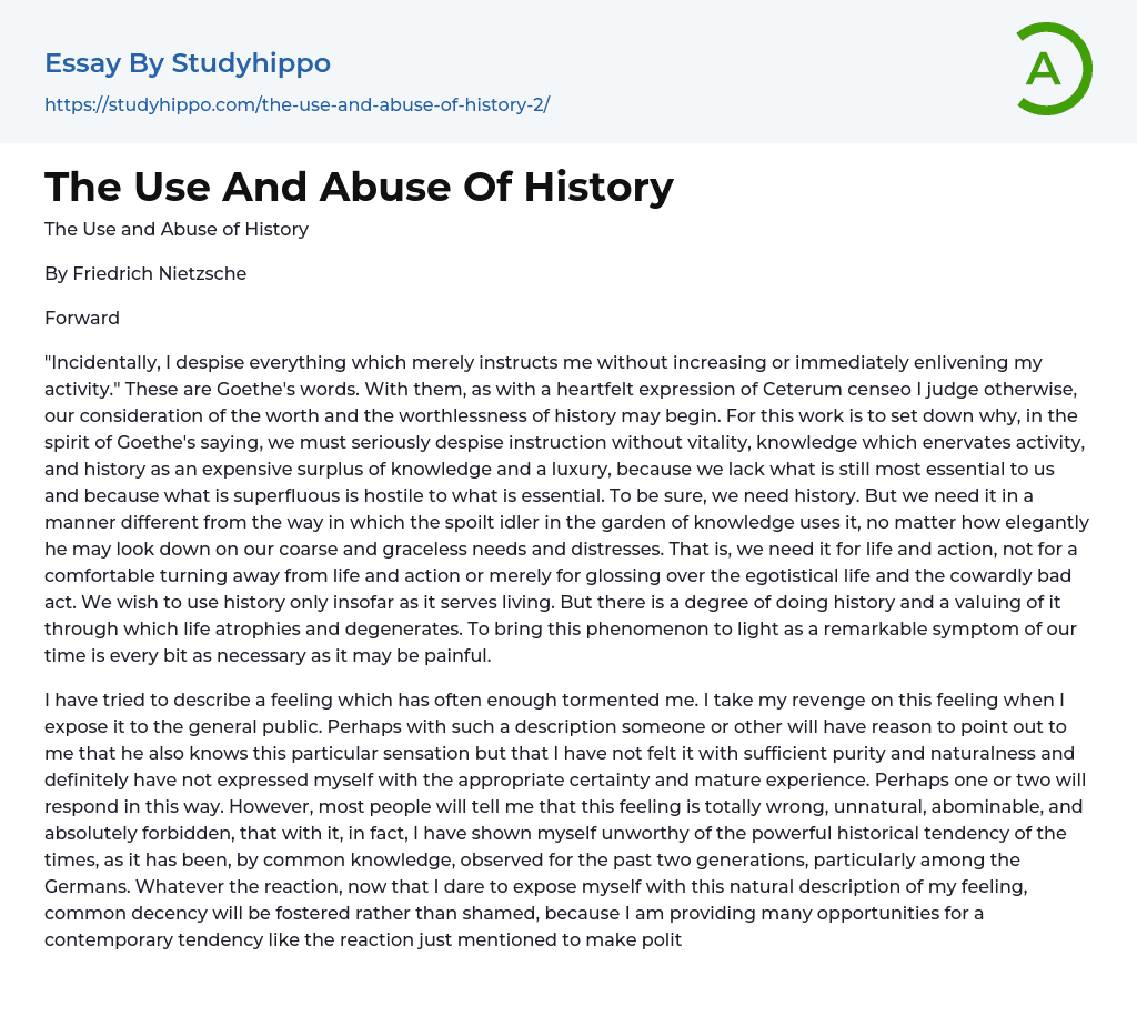 The Use And Abuse Of History Essay Example
