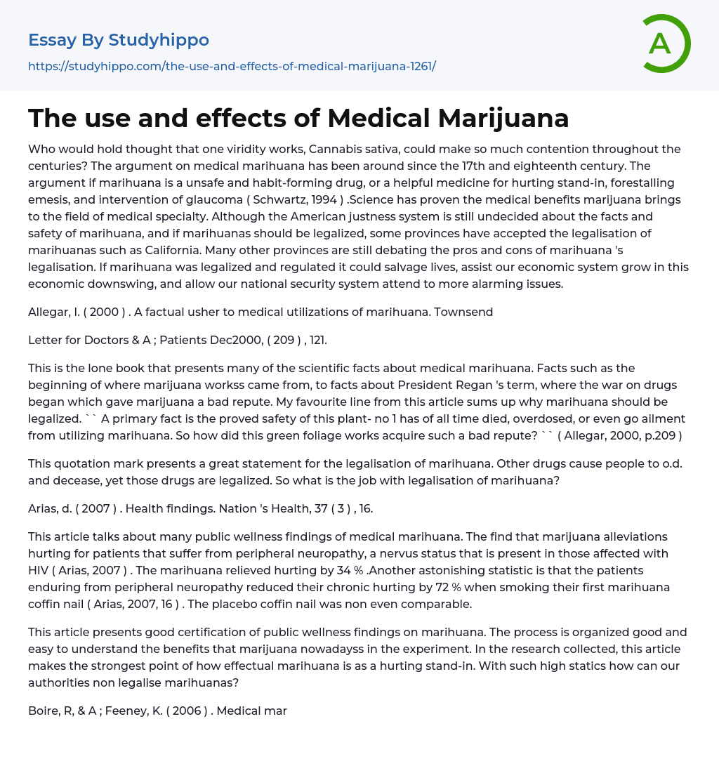 The use and effects of Medical Marijuana Essay Example