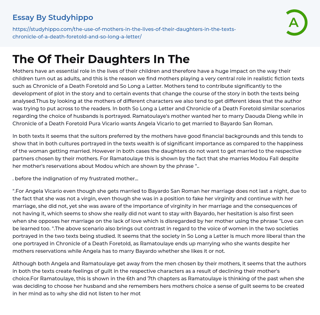 The Of Their Daughters In The Essay Example