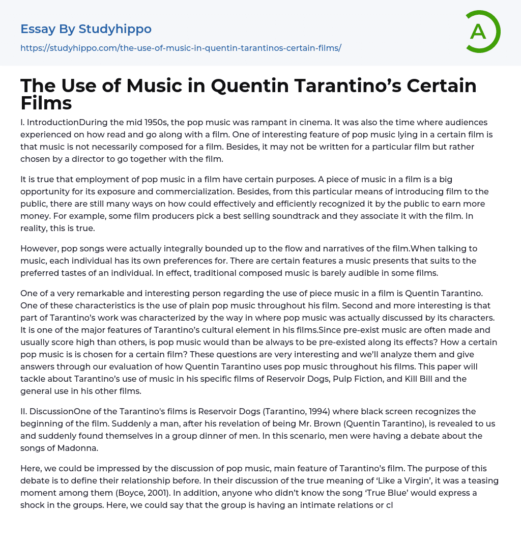 The Use of Music in Quentin Tarantino’s Certain Films Essay Example