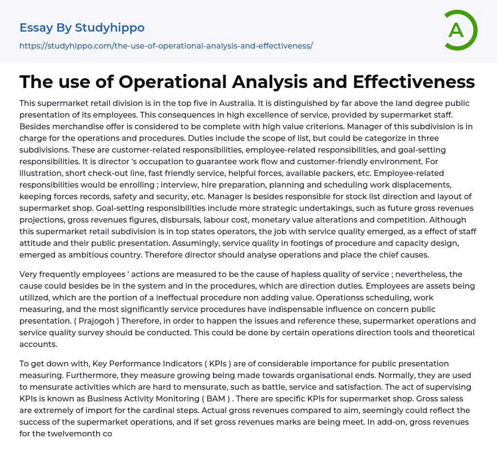 The use of Operational Analysis and Effectiveness Essay Example