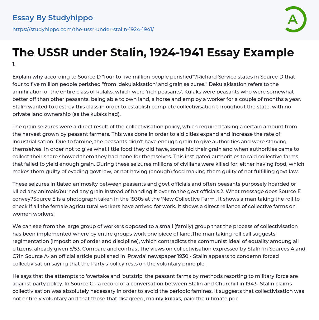 The USSR under Stalin, 1924-1941 Essay Example
