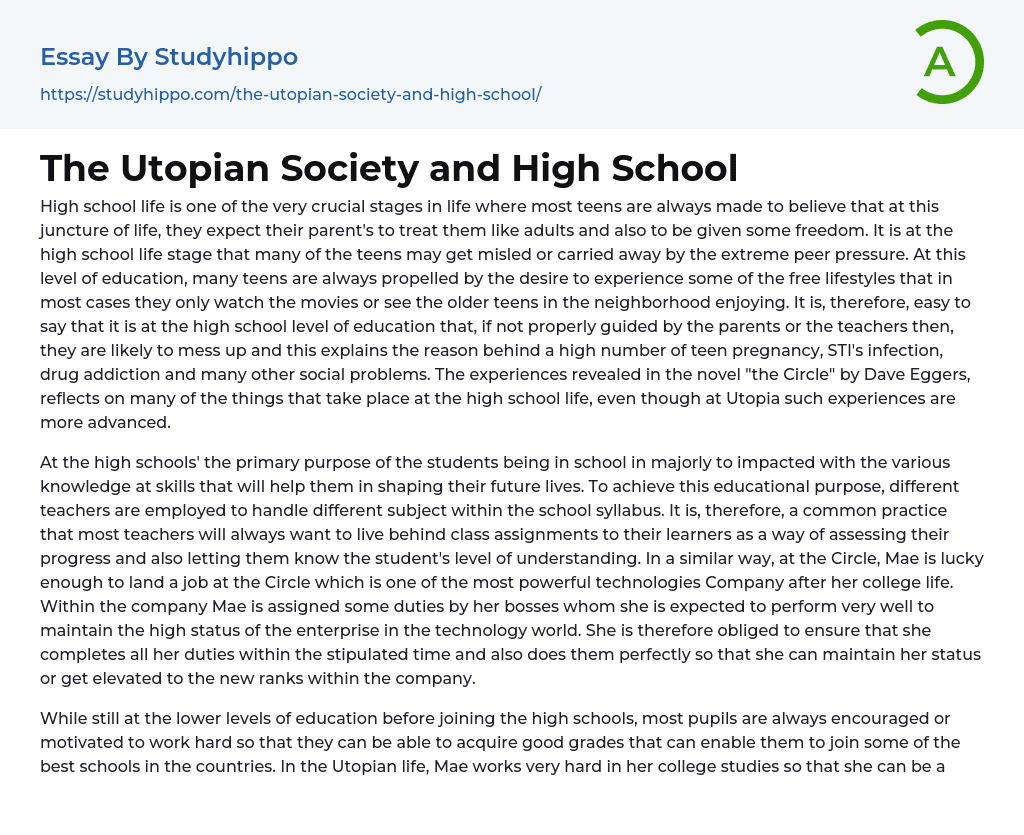 The Utopian Society and High School Essay Example