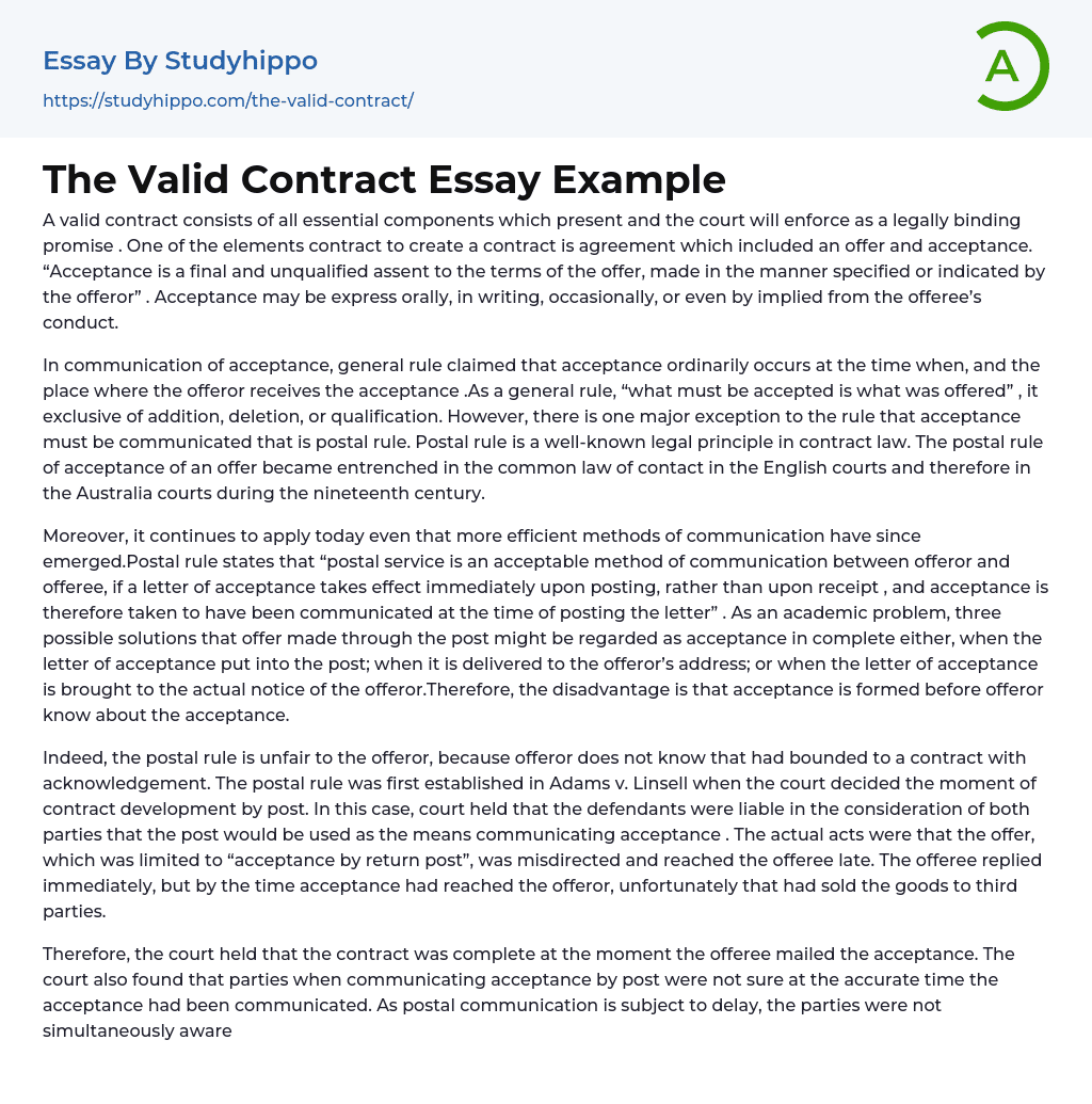 The Valid Contract Essay Example