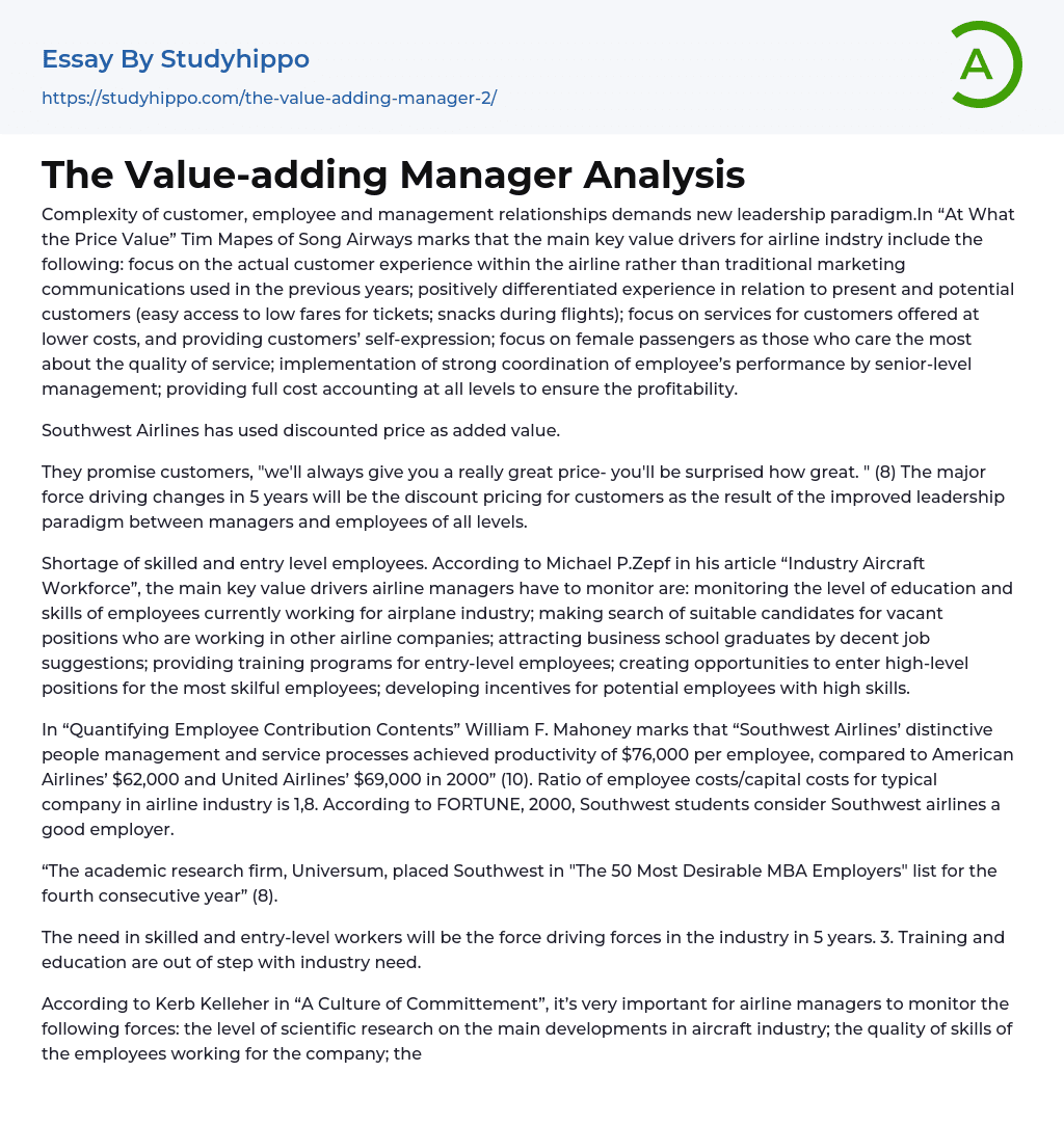 The Value adding Manager Analysis Essay Example StudyHippo