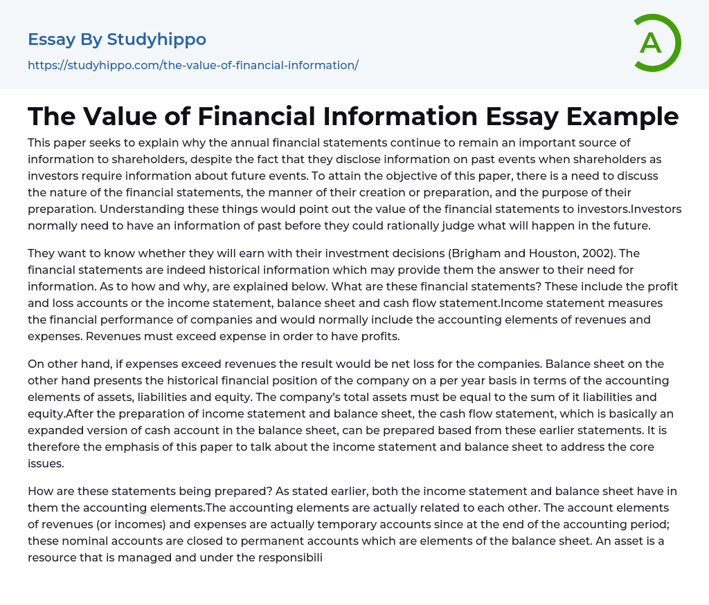 The Value of Financial Information Essay Example