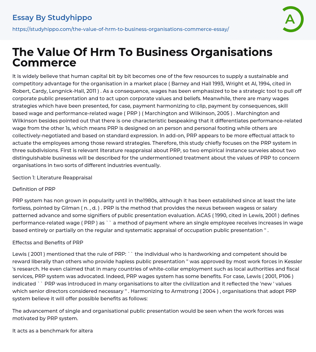 The Value Of Hrm To Business Organisations Commerce Essay Example