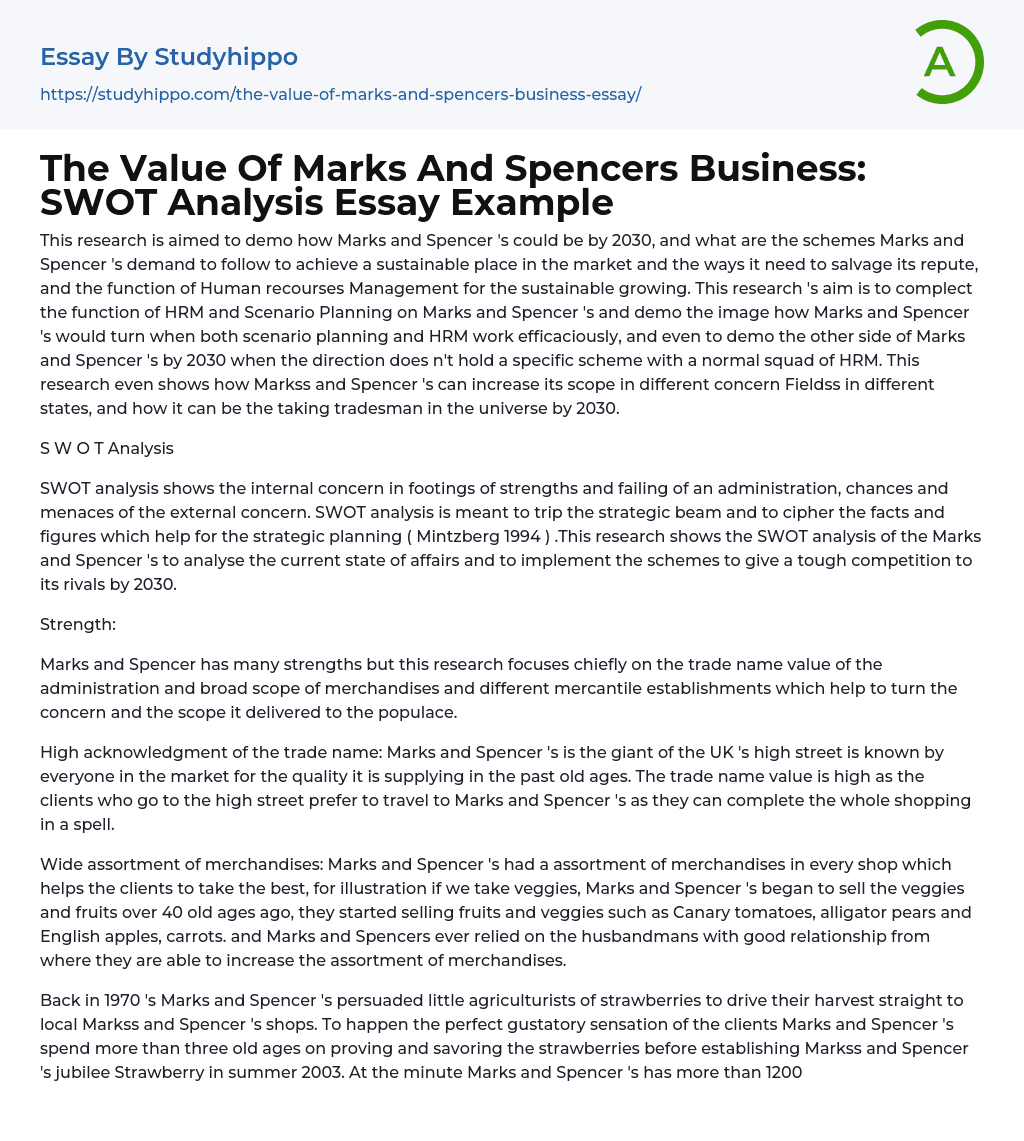 The Value Of Marks And Spencers Business: SWOT Analysis Essay Example
