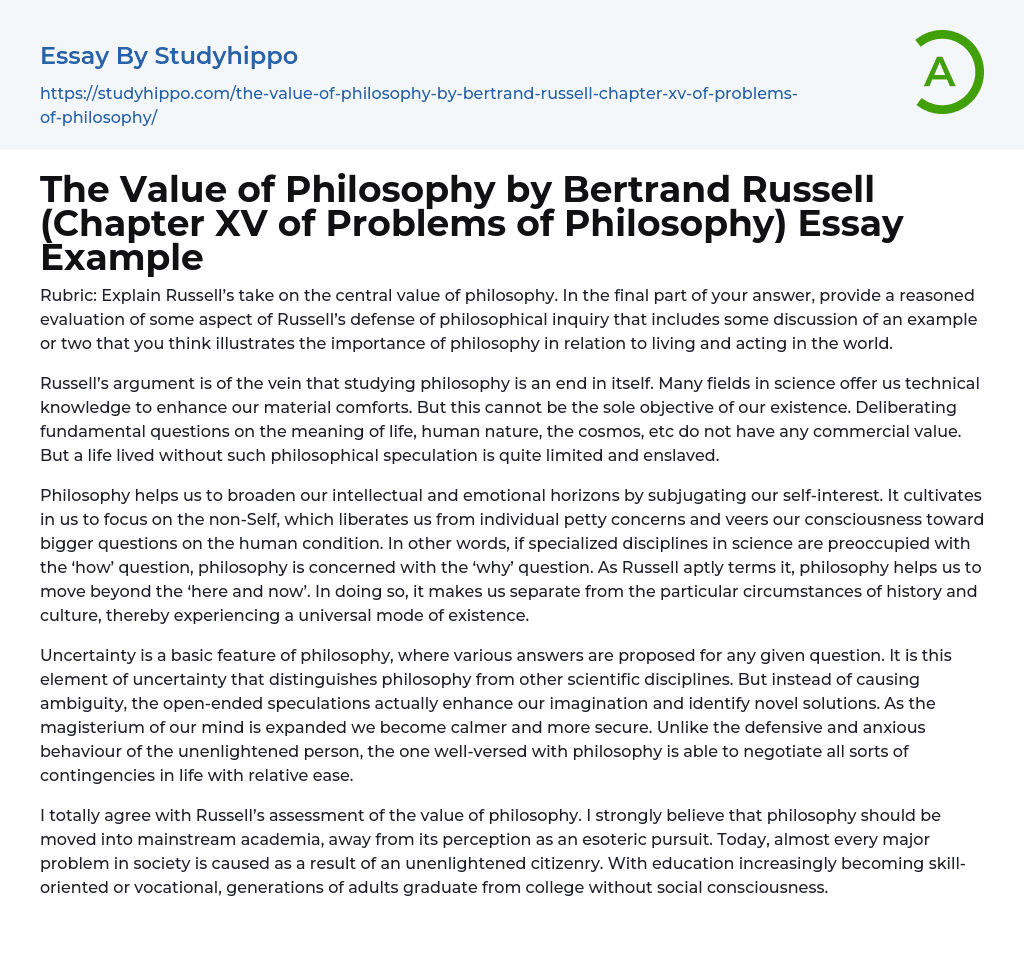 The Value of Philosophy by Bertrand Russell (Chapter XV of Problems of Philosophy) Essay Example
