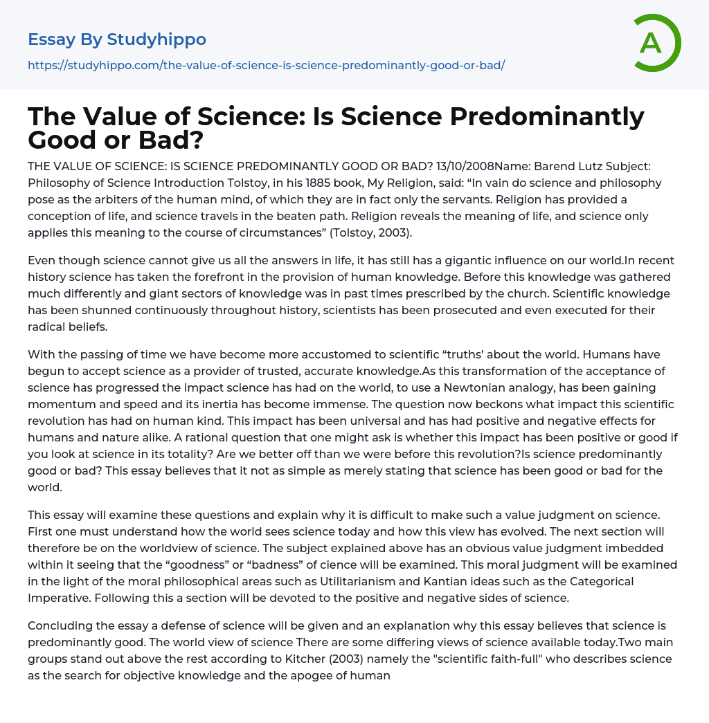 The Value of Science: Is Science Predominantly Good or Bad? Essay Example