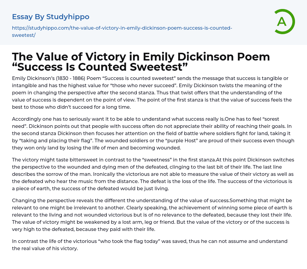 The Value of Victory in Emily Dickinson Poem “Success Is Counted Sweetest” Essay Example