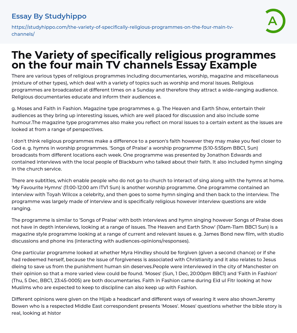 The Variety of specifically religious programmes on the four main TV channels Essay Example