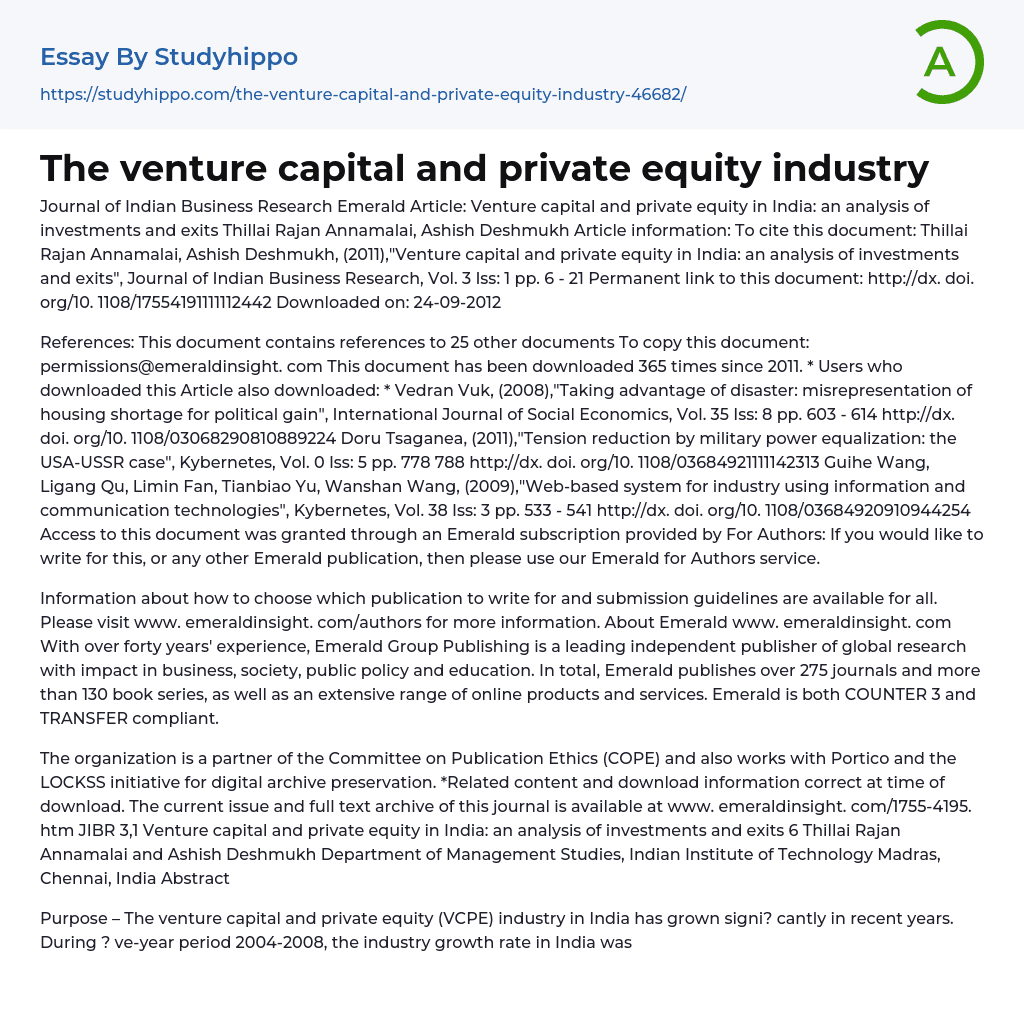 The venture capital and private equity industry Essay Example