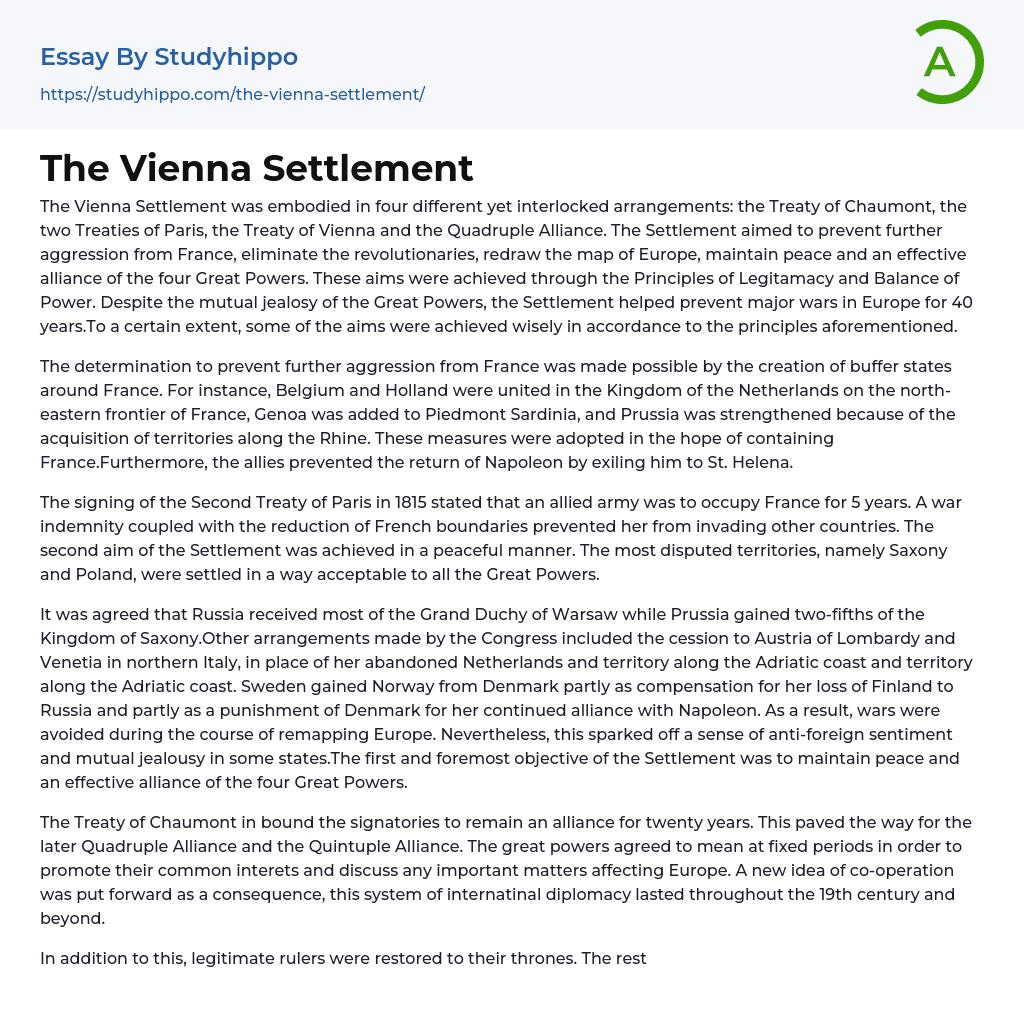 The Vienna Settlement Essay Example