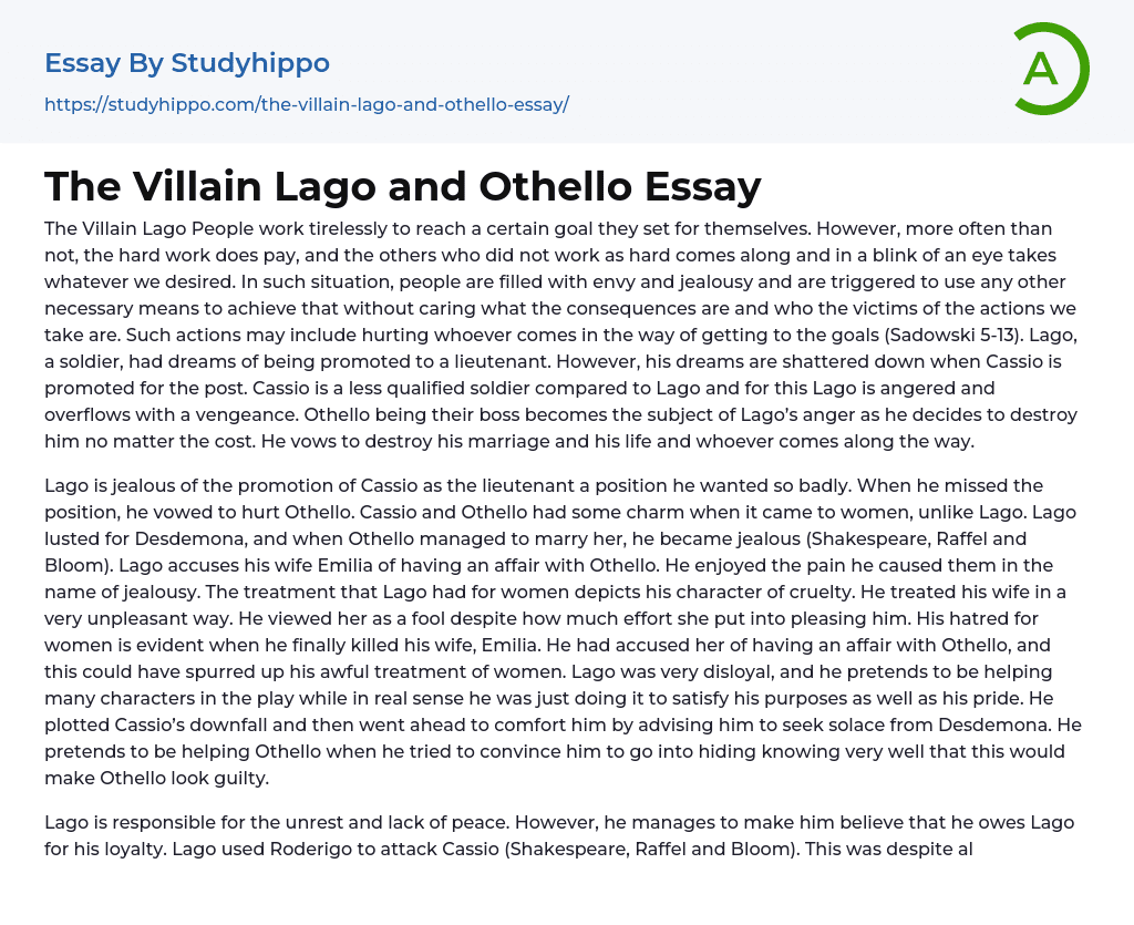 The Villain Lago and Othello Essay