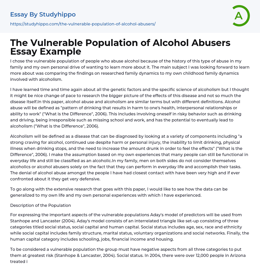 The Vulnerable Population of Alcohol Abusers Essay Example