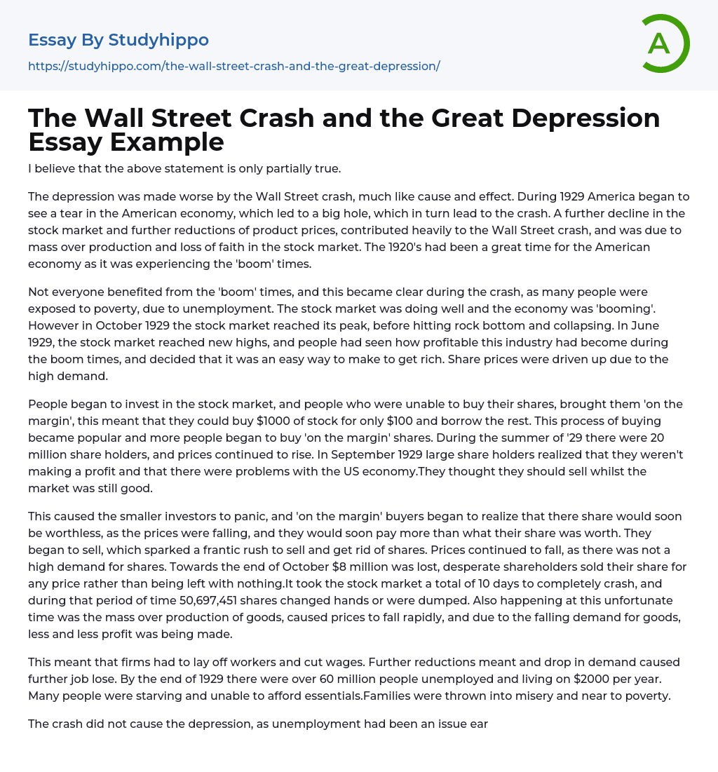 The Wall Street Crash and the Great Depression Essay Example