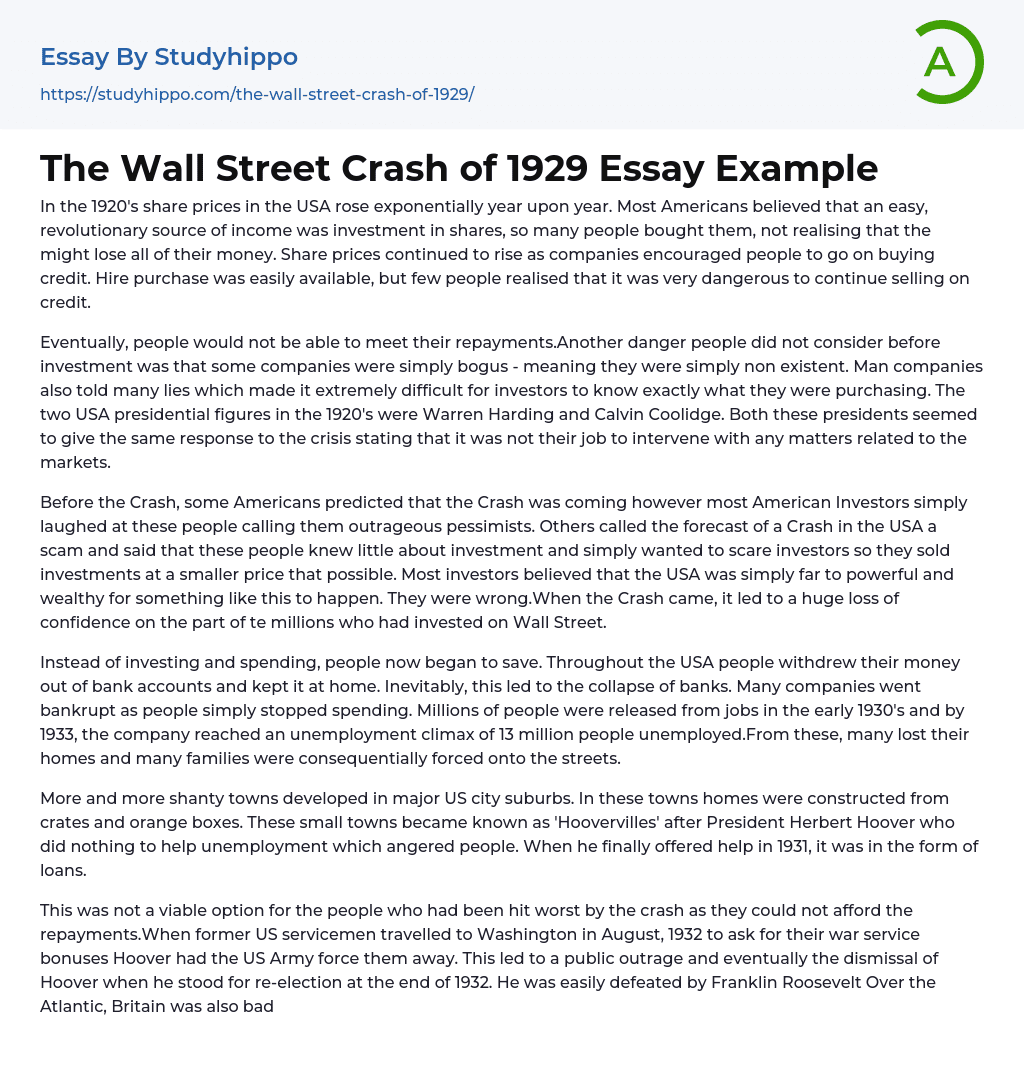 The Wall Street Crash of 1929 Essay Example